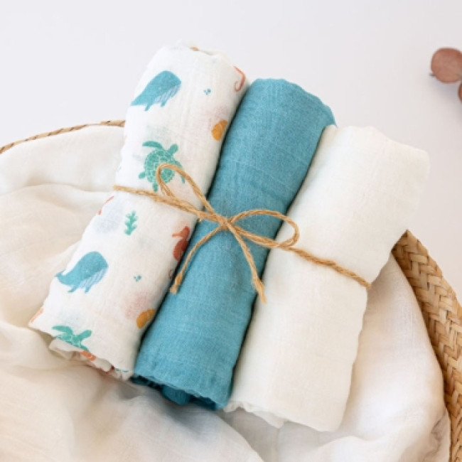 Kiokids Μουσελίνα Bamboo Ocean Μπλε 70x70εκ. Σετ3τμχ.