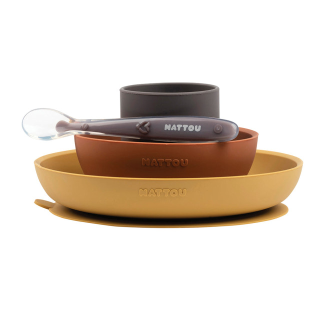 Nattou Silicon Σετ Φαγητού 4 Τεμαχίων (ώχρα-terracotta)