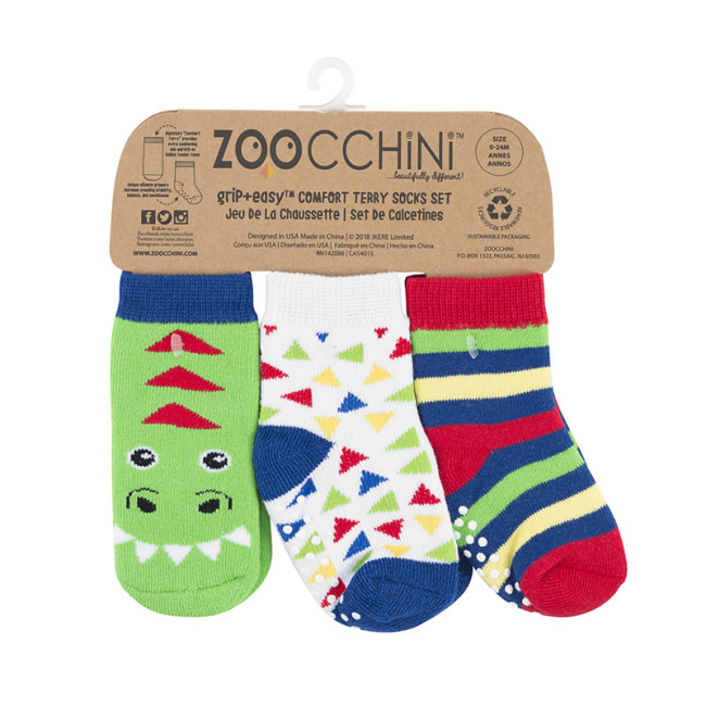 Zoocchini GRIP+EASY Baby Terry Καλτσάκια Ντέβιν ο Δεινόσαυρος (3 τεμ)
